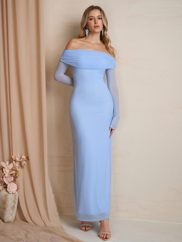 Off-Shoulder Rüschen Pailletten Bodycon Kleid, Langarm Rückenfrei