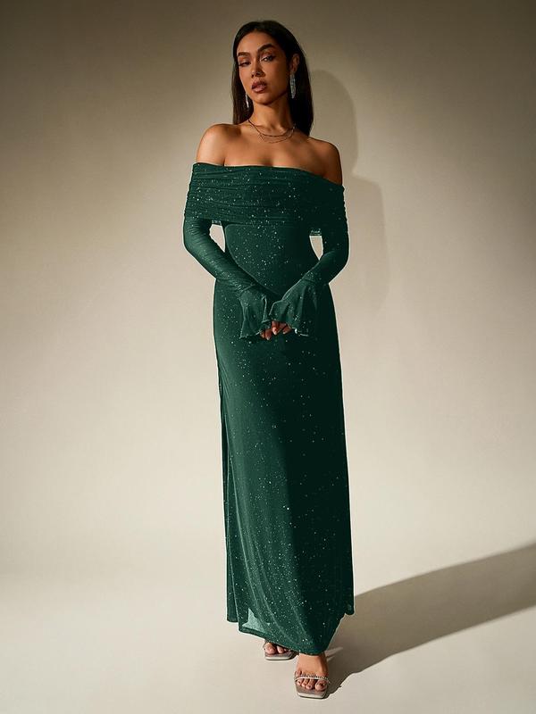 Off-Shoulder Rüschen Pailletten Bodycon Kleid, Langarm Rückenfrei