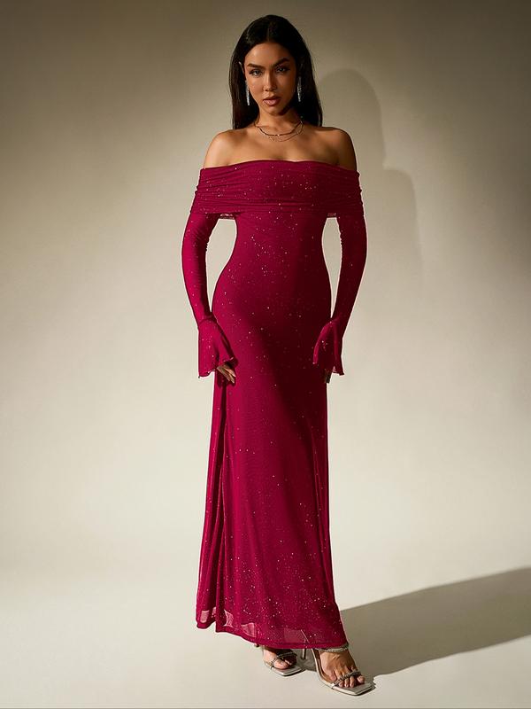 Off-Shoulder Rüschen Pailletten Bodycon Kleid, Langarm Rückenfrei