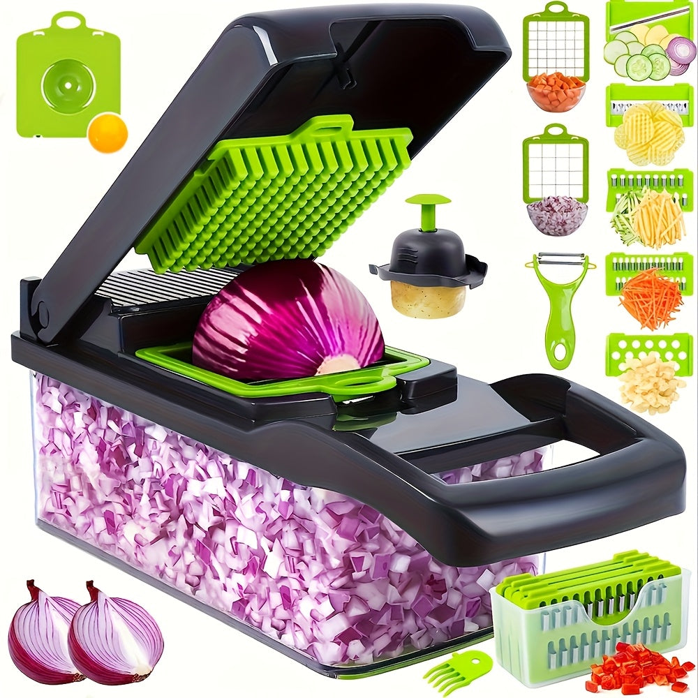 Multifunktionaler Gemüseschneider 16-in-1 mit Auffangbehälter | 8 Klingen-Einsätze (Würfel, Scheiben, Julienne) | Siebkorb, manuell