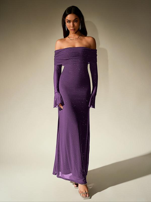 Off-Shoulder Rüschen Pailletten Bodycon Kleid, Langarm Rückenfrei