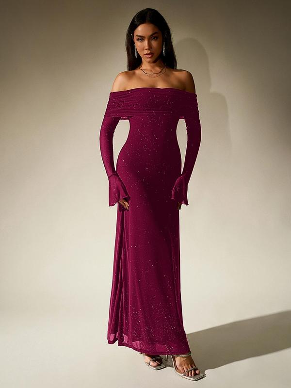 Off-Shoulder Rüschen Pailletten Bodycon Kleid, Langarm Rückenfrei
