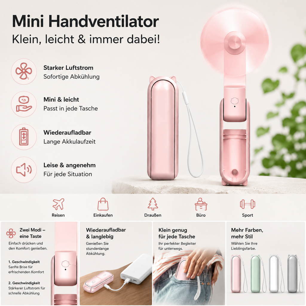 Tragbarer USB Mini-Ventilator – 3-Stufen Faltbar für Reisen & Outdoor