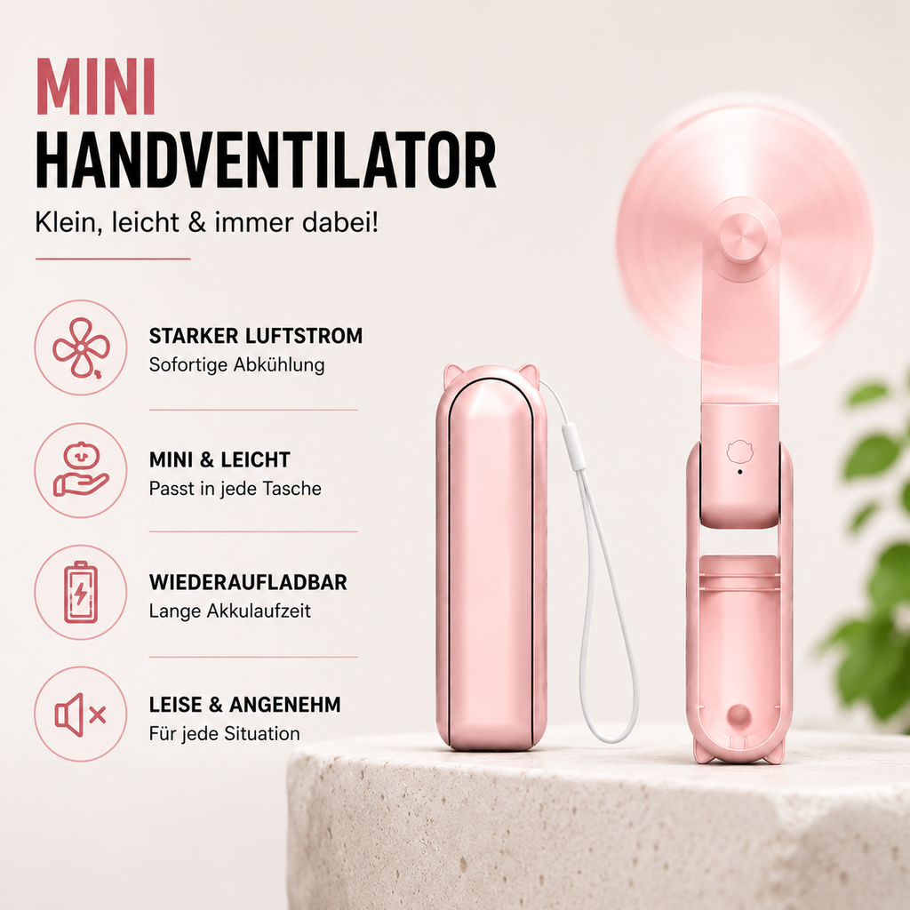 Tragbarer USB Mini-Ventilator – 3-Stufen Faltbar für Reisen & Outdoor