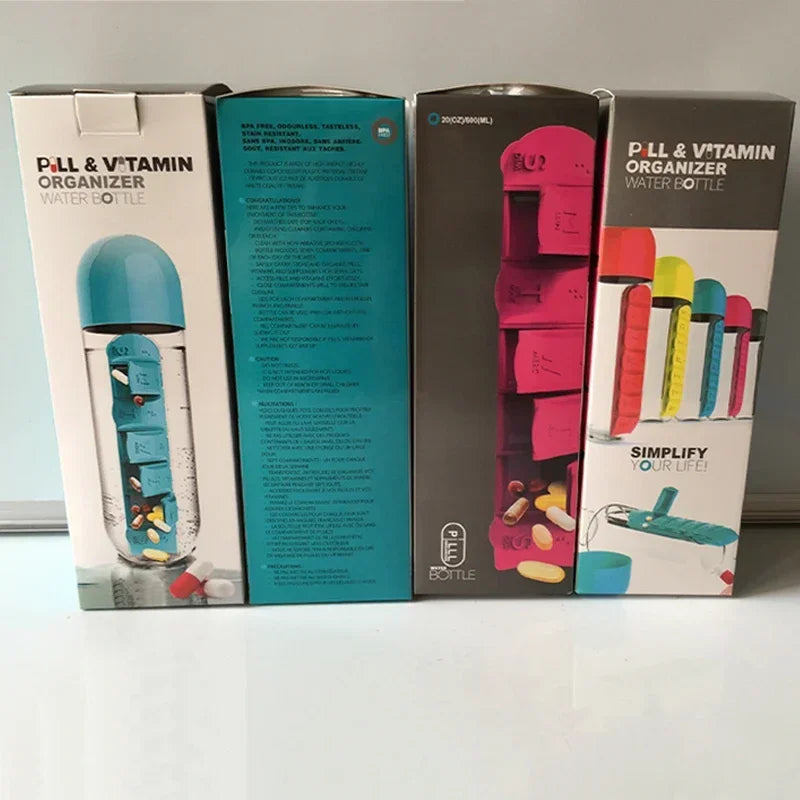 2-in-1 Wasserflasche mit 7 Fächern & Pillenbox Organizer