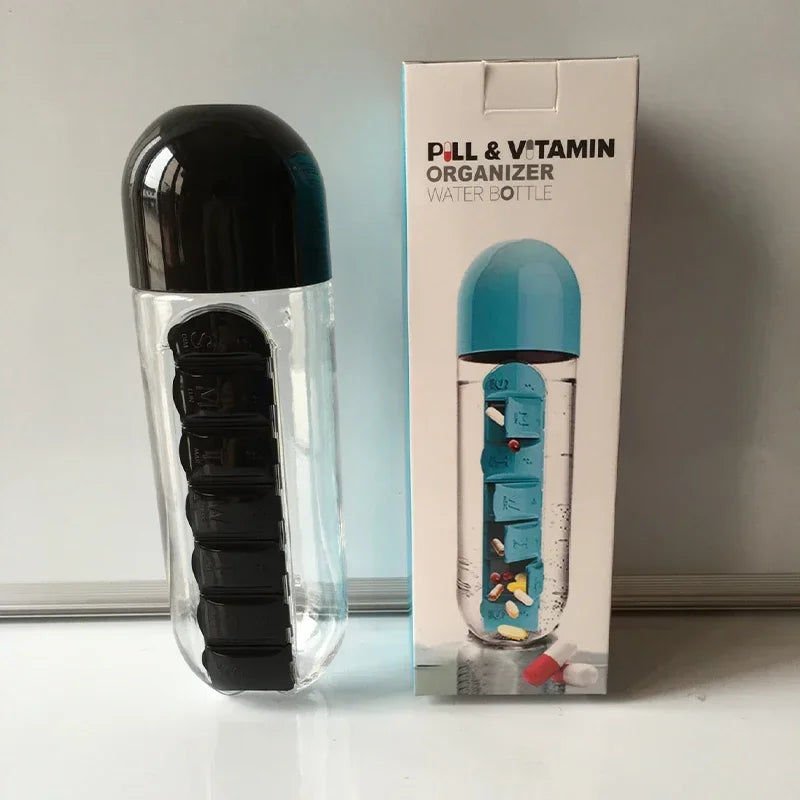2-in-1 Wasserflasche mit 7 Fächern & Pillenbox Organizer