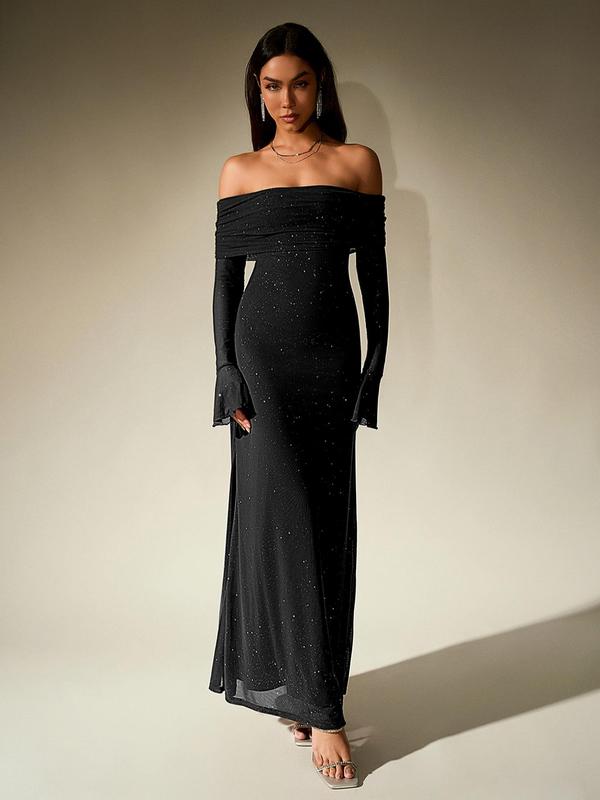 Off-Shoulder Rüschen Pailletten Bodycon Kleid, Langarm Rückenfrei