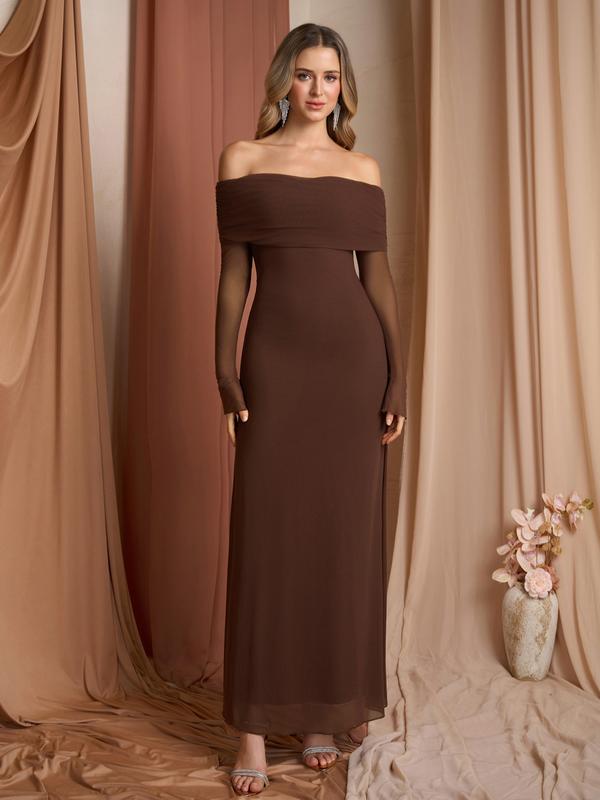Off-Shoulder Rüschen Pailletten Bodycon Kleid, Langarm Rückenfrei