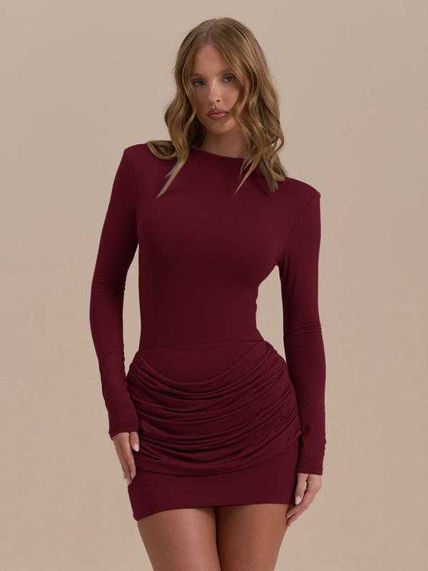 Elegantes Einfarbiges Ruched A-Linie Kleid mit langen Ärmeln für Events